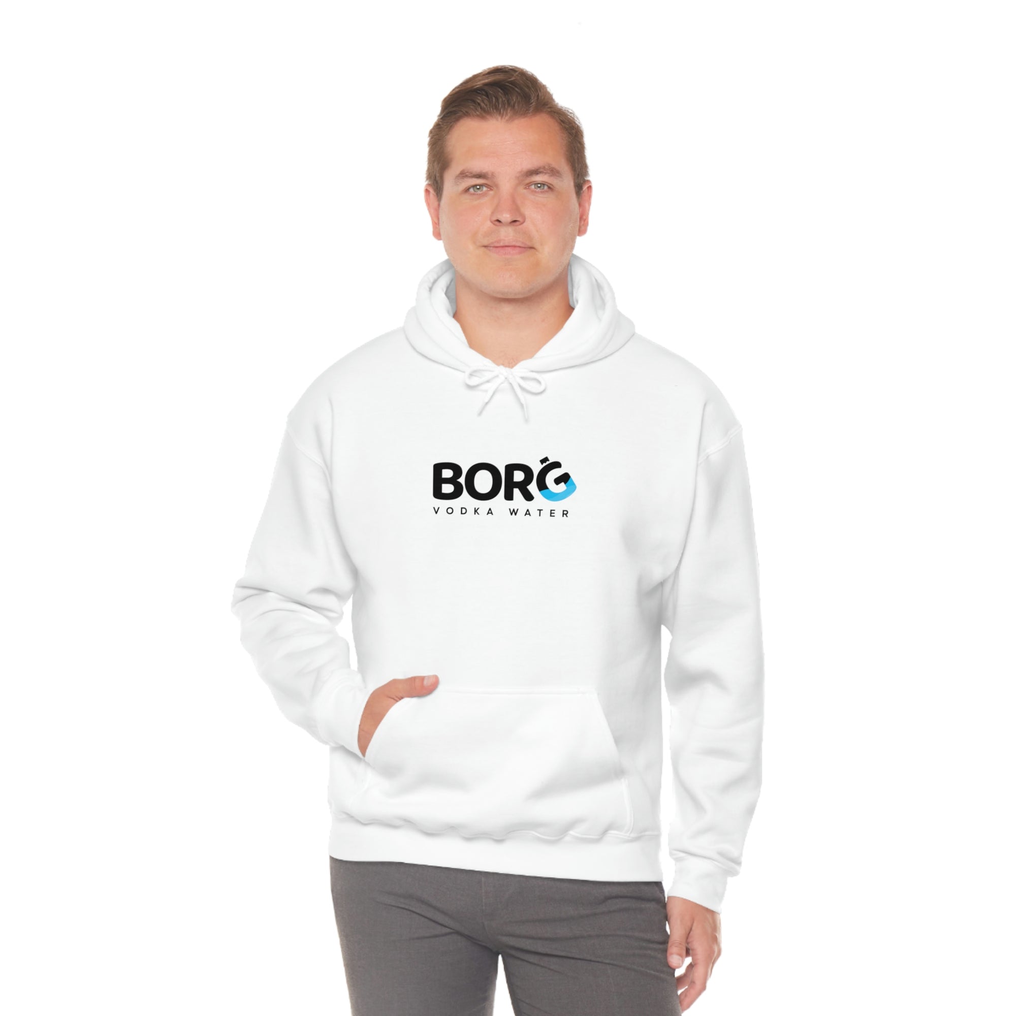 Boy model wearing the white Borg hooded sweatshirt