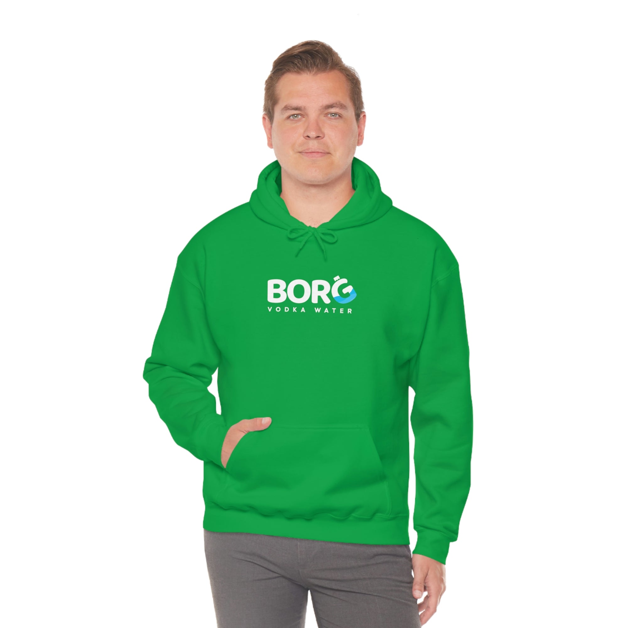 Boy model wearing the green Borg hooded sweatshirt