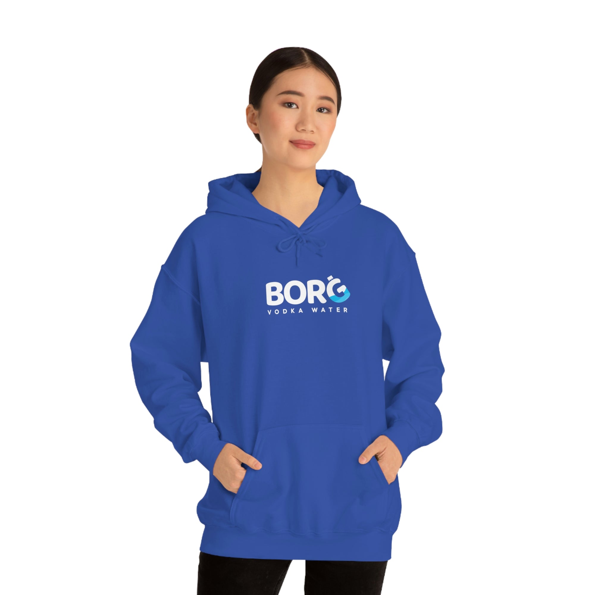 Girl wearing the blue Borg hooded sweatshirt 