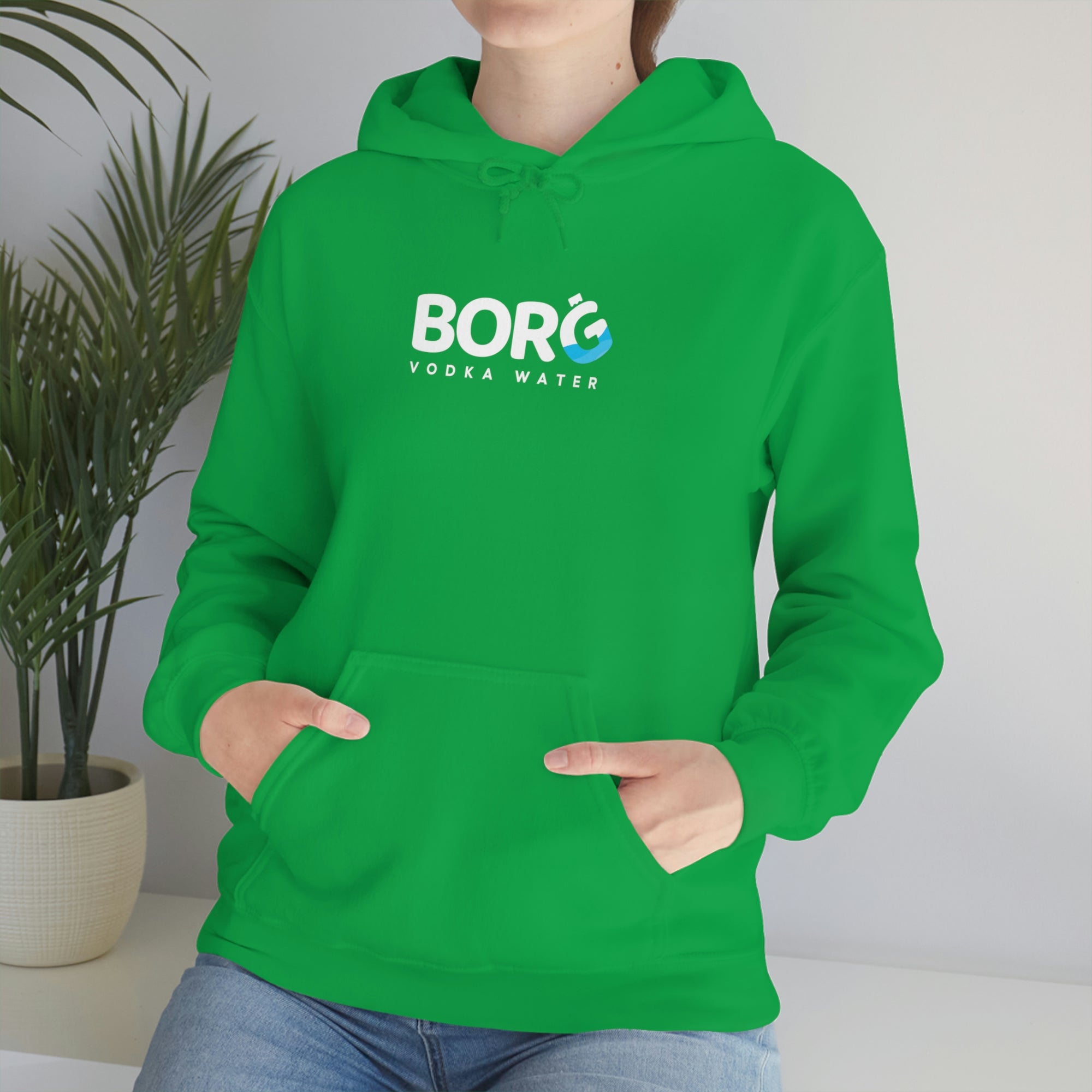 Up close photo of the green Borg hooded sweatshirt