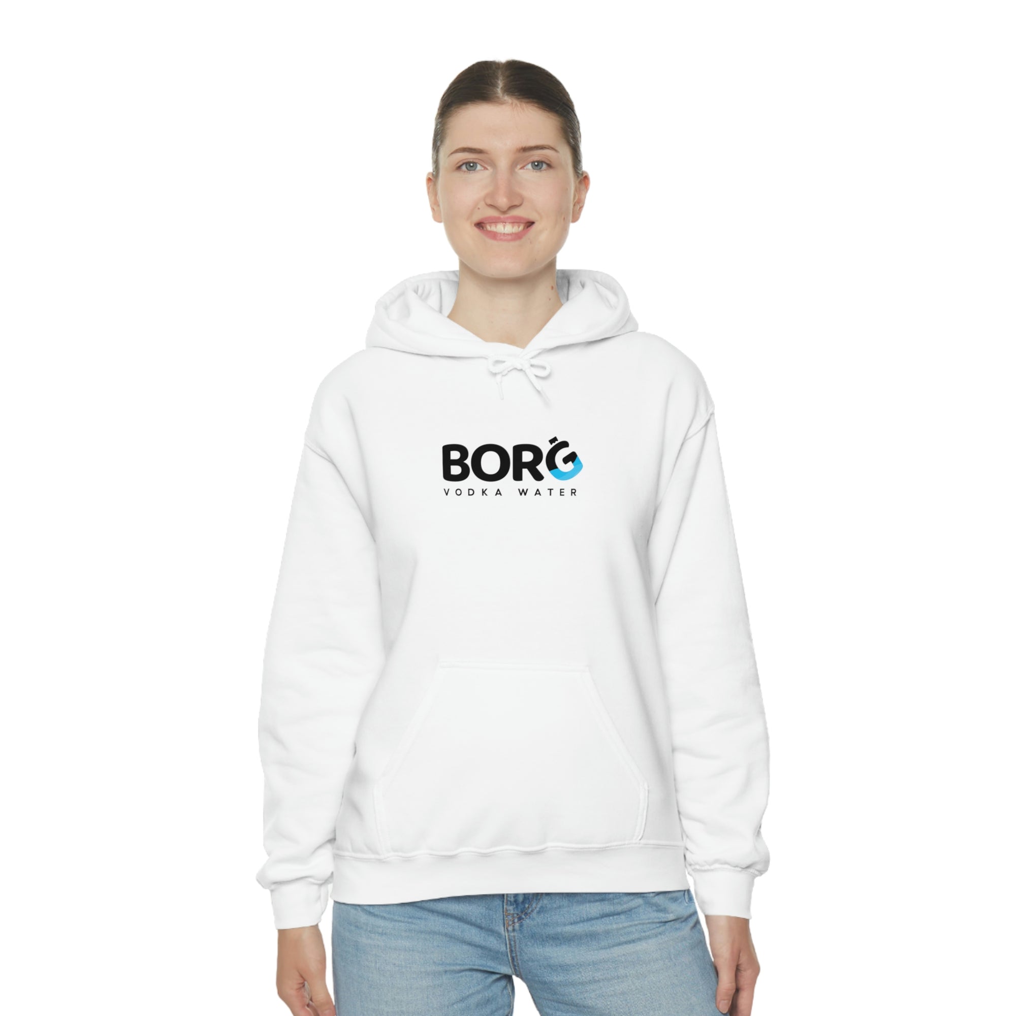 Girl model wearing the white Borg hooded sweatshirt